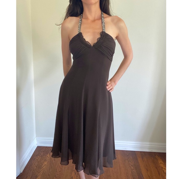 BCBG MAX AZRIA Chiffon Sequin Halter Dress, Brown - Picture 1 of 10